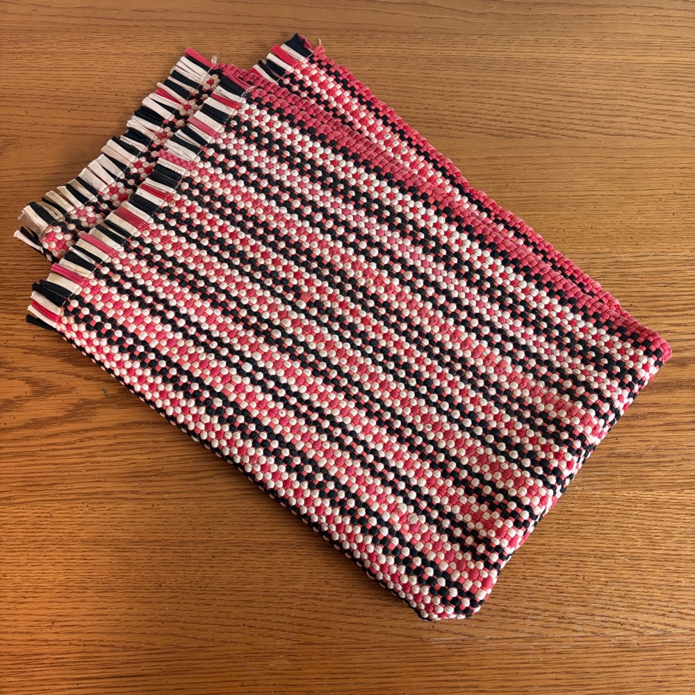 Vintage Handwoven Cotton Rag Rug Pink Black White Red Geometric Boho